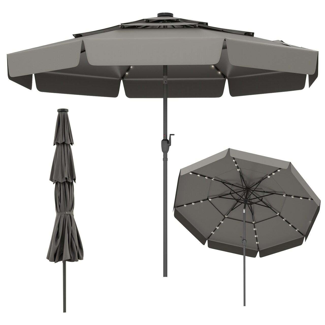 Polyester Solar LED 3-Tier Patio Umbrella with Tilt and 10x8.1 ft Shade